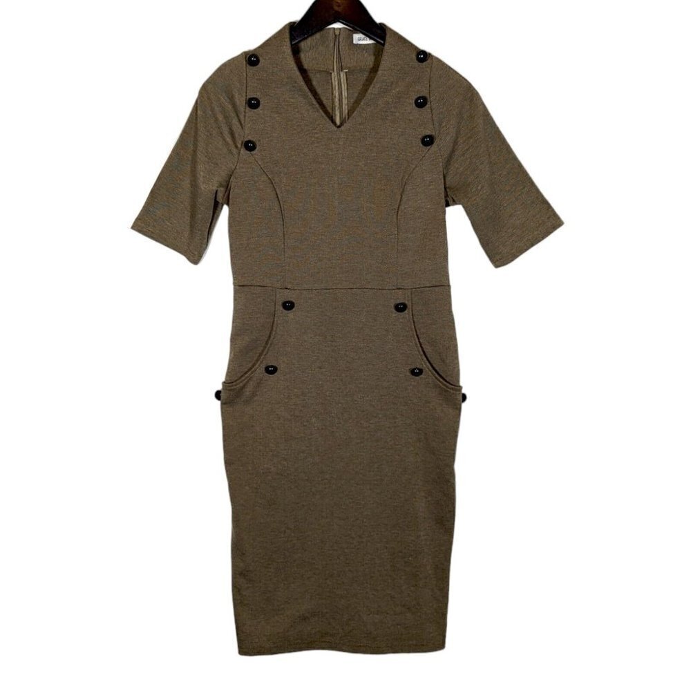 Grace Karin Sheath Dress Womens Size M Half Sleeve Military Pockets Green Khaki